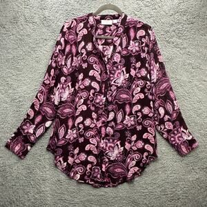 Belle‎ by Kim Gravel Women's Large Purple Floral Tunic Blouse Button Up V-Neck